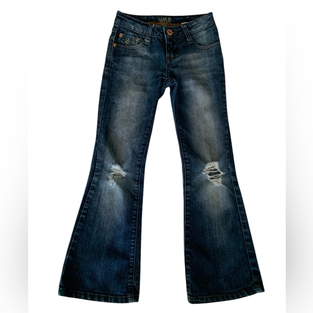 Zana Di Jeans Girls Size 7 Blue Denim Bootleg Flare Gold Embroidery Rhinestones